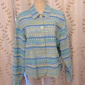 Coldwater Creek woman’s striped turquoise textured Rayon/Cotton blend jacket